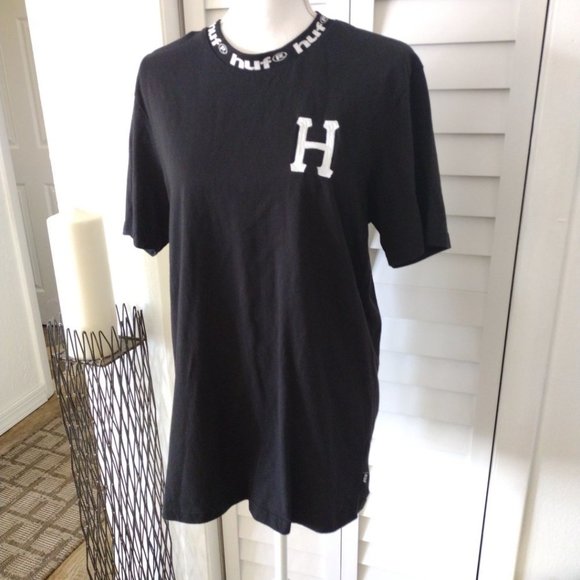 Huf black T-shirt with H on front and logo around neckline Sz L - Picture 4 of 7